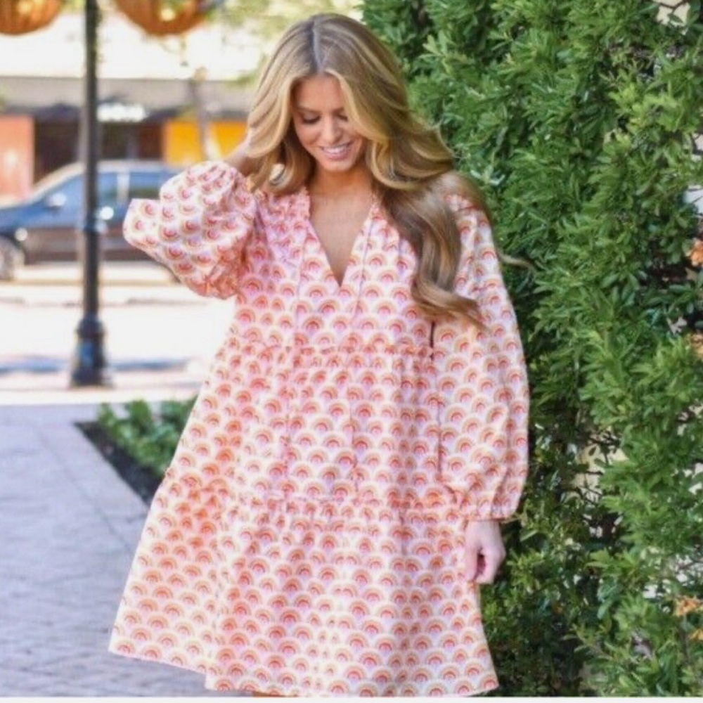 J. Marie Long Sleeve Mini Dress Orange and Pink Rainbow M